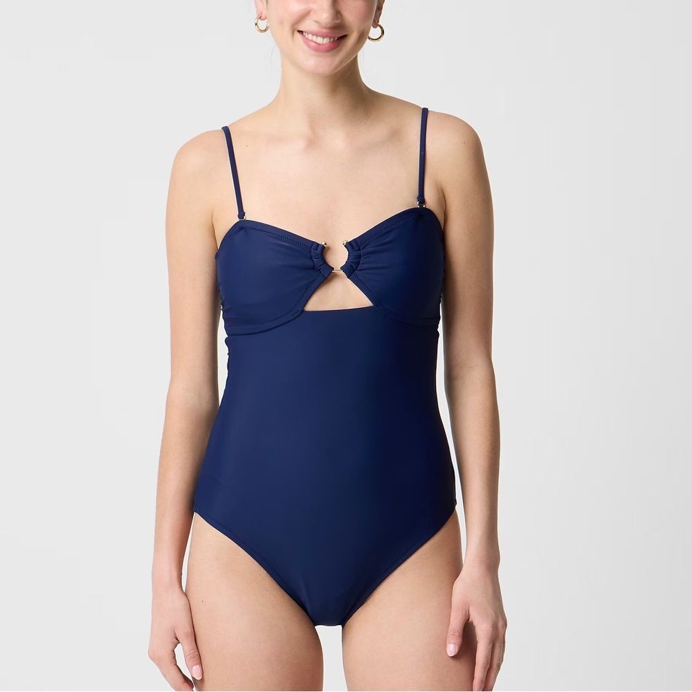 J.CREW Ring One Piece Swimsuit XS Navy Gold Strapless Retro Beach Nautical NWT